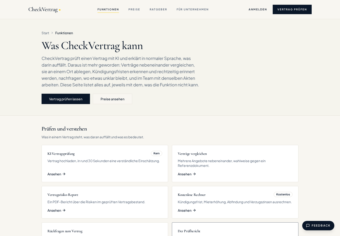 Aktuelle CheckVertrag-Funktionsübersicht mit Vertragsprüfung und Vertragsvergleich
